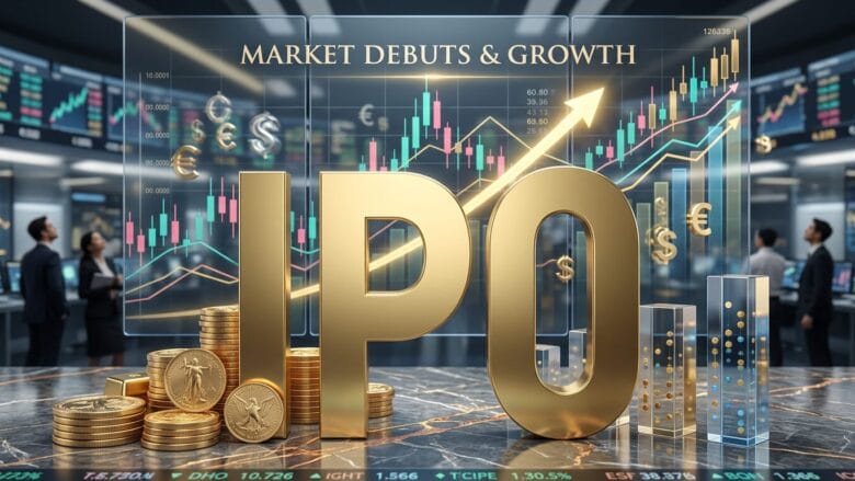 A stock market trading floor with large golden IPO letters and charts showing growth, coins, and currency symbols in the background.