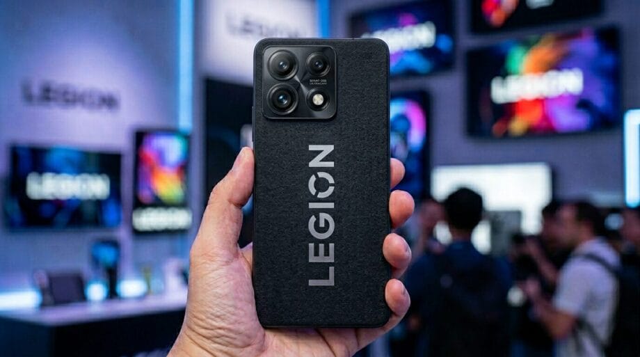 A hand holds a black Lenovo Legion smartphone, showcasing its camera module and branding at a tech event with Legion displays in the background.