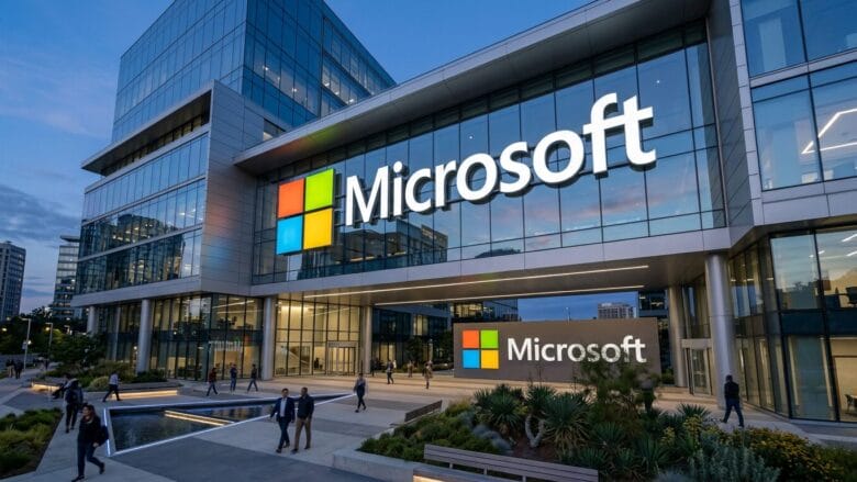 Modern Microsoft office building with large logo, glass facade, and people walking outside in an urban business setting.