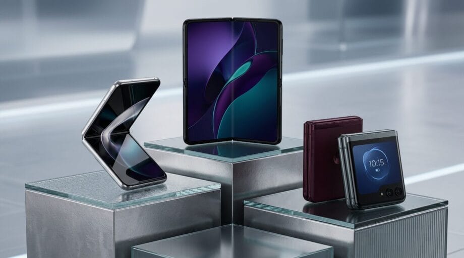 Four foldable smartphones in different positions are displayed on glass and metal platforms in a modern, metallic setting.