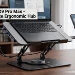 A laptop and smartphone are mounted on an adjustable ergonomic stand with connecting cables, displayed on a wooden desk.