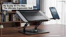 A laptop and smartphone are mounted on an adjustable ergonomic stand with connecting cables, displayed on a wooden desk.