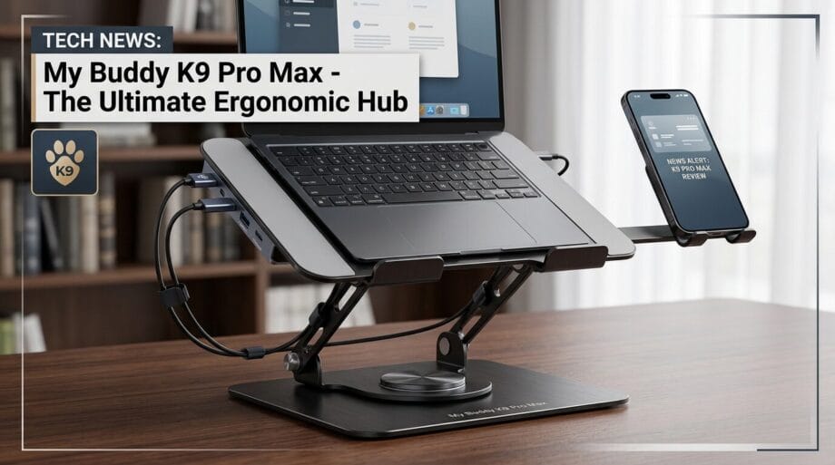 A laptop and smartphone are mounted on an adjustable ergonomic stand with connecting cables, displayed on a wooden desk.
