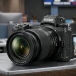 A Nikon Z6 II camera with a lens and flip-out screen sits on a desk in an office with people and monitors in the background.