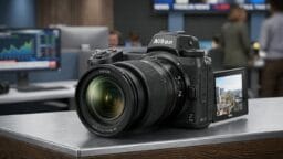 A Nikon Z6 II camera with a lens and flip-out screen sits on a desk in an office with people and monitors in the background.