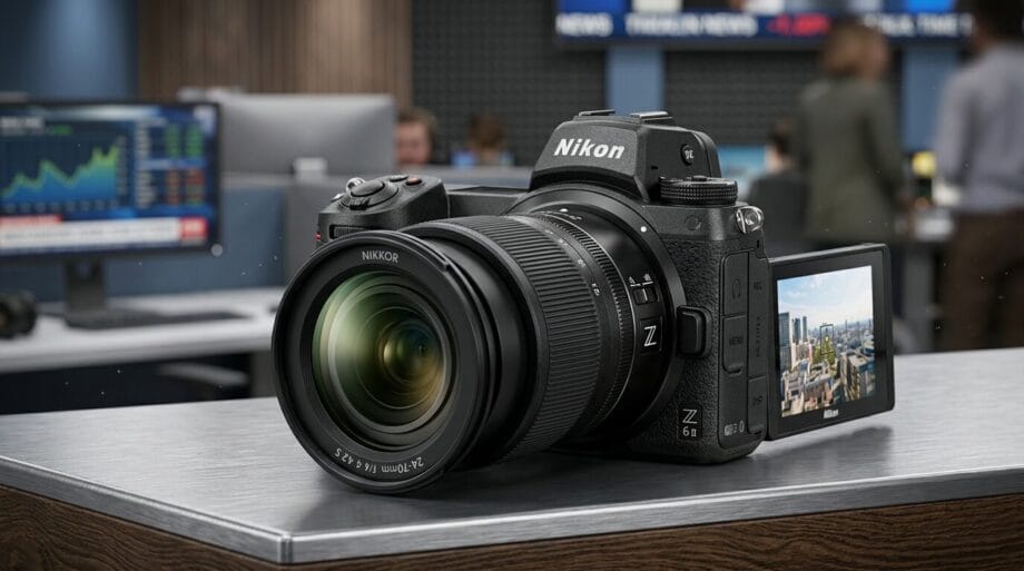 A Nikon Z6 II camera with a lens and flip-out screen sits on a desk in an office with people and monitors in the background.
