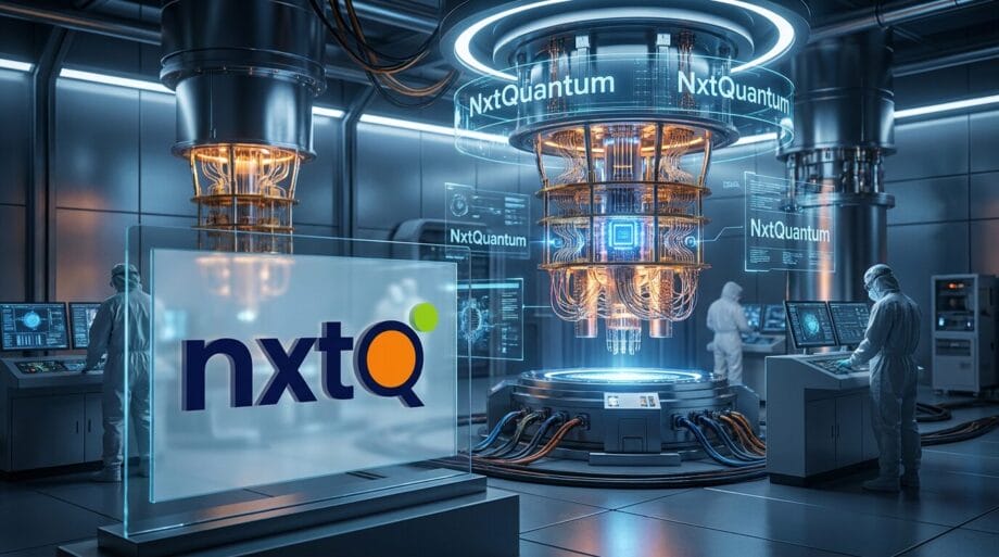 Futuristic lab with scientists operating a quantum computer; NxtQuantum and nxtq logos are displayed on screens and glass panels.