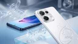 Two smartphones are displayed, one showing the screen and the other the back with three camera lenses. Transparent lens elements float nearby.