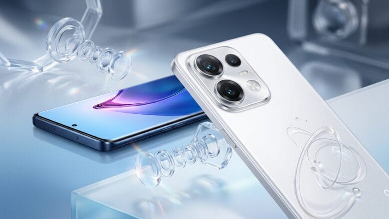 Two smartphones are displayed, one showing the screen and the other the back with three camera lenses. Transparent lens elements float nearby.