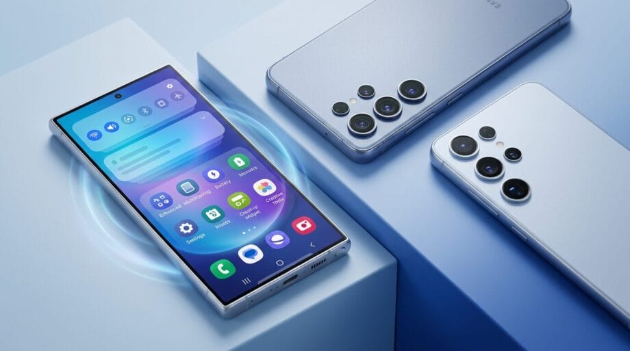 Three light blue smartphones are arranged on blue platforms. One phone is in the foreground, displaying its screen with app icons. Two other phones are in the background, showing their camera arrays.