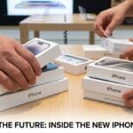 Several hands open iPhone boxes on a wooden table in a retail store, with other phones and displays visible in the background.
