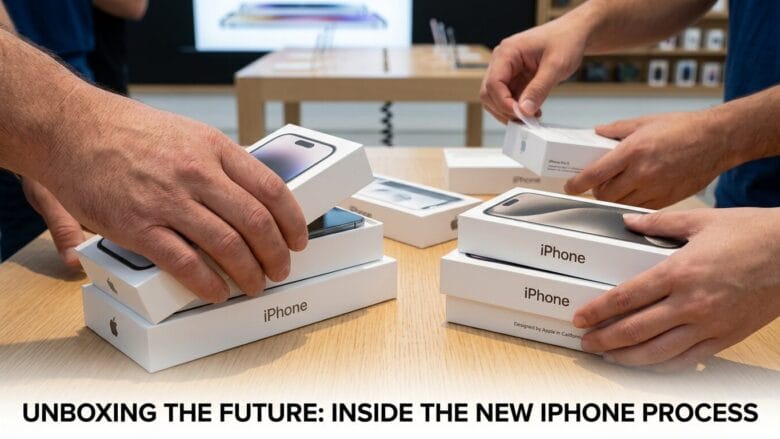 Several hands open iPhone boxes on a wooden table in a retail store, with other phones and displays visible in the background.