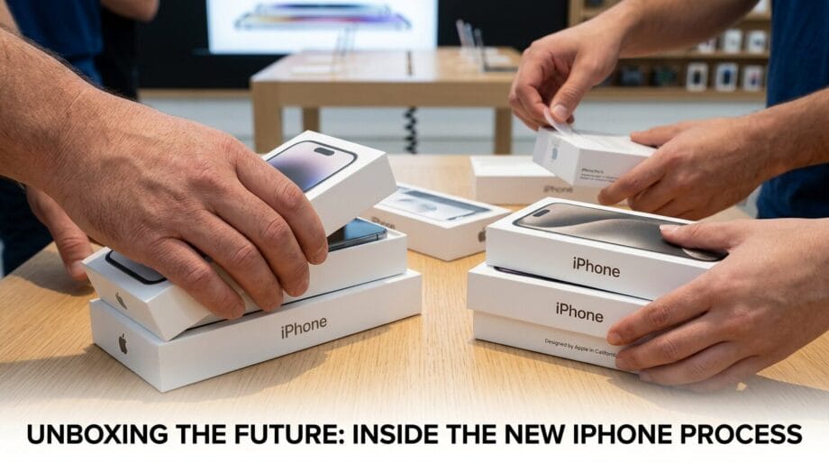 Several hands open iPhone boxes on a wooden table in a retail store, with other phones and displays visible in the background.