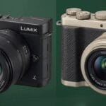 Two Panasonic Lumix cameras, one black and one beige, are displayed side by side against a green background.