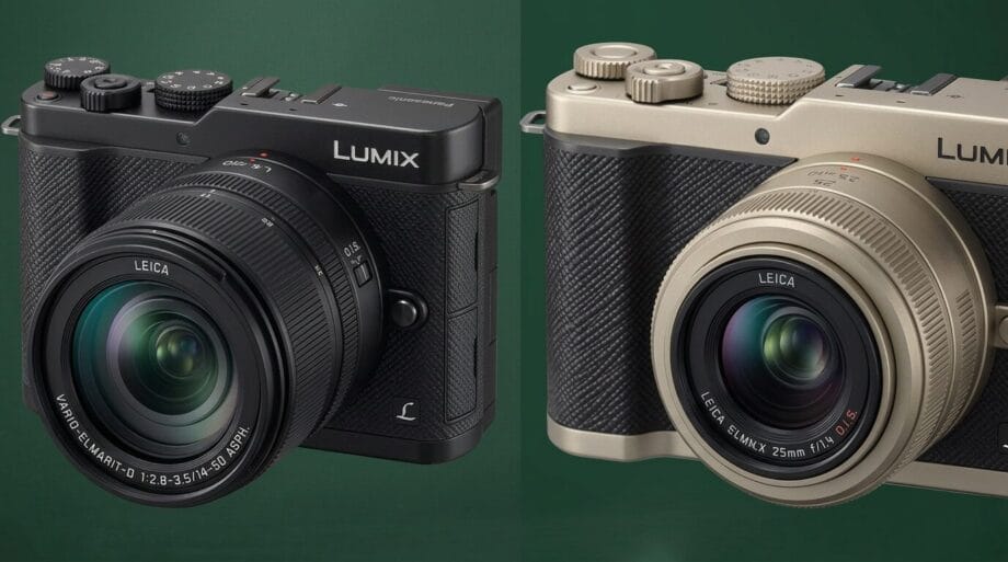 Two Panasonic Lumix cameras, one black and one beige, are displayed side by side against a green background.