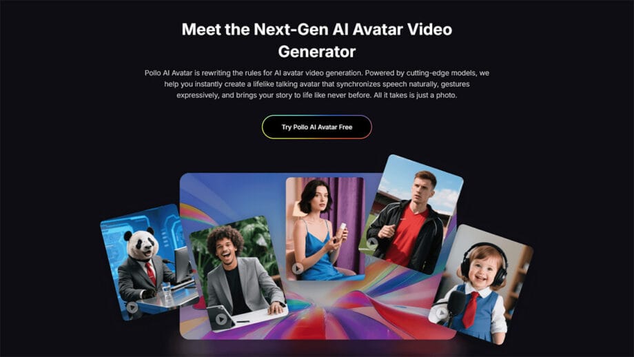 A promotional image for Pollo AI Avatar Video Generator, showing lifelike avatars including a panda, adults, and a child on digital screens.
