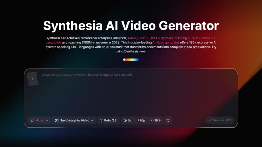 Screenshot of the Synthesia AI Video Generator homepage, highlighting its features and usage statistics.