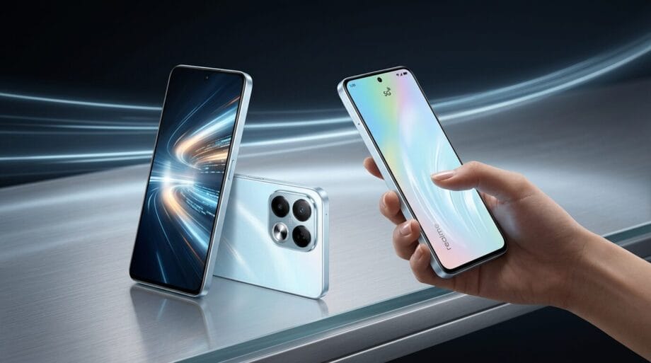 Three modern smartphones on a metallic surface; one held in a hand, two standing and lying flat, all with large screens and sleek designs.