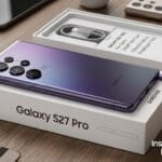A Samsung Galaxy S27 Pro smartphone sits on its box next to its accessories and packaging on a wooden desk.