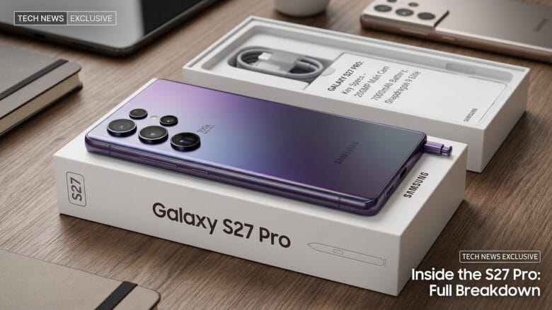 A Samsung Galaxy S27 Pro smartphone sits on its box next to its accessories and packaging on a wooden desk.
