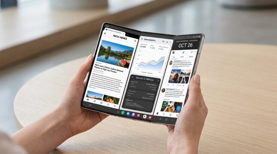 Person holding a foldable tablet displaying multiple apps and news articles on a large, flexible screen at a table.