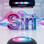 Siri logo surrounded by Apple devices including iPhone, Apple Watch, AirPods, HomePod, and iPad, with a colorful wave graphic.