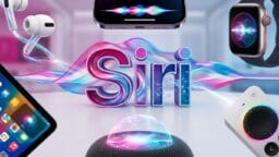 Siri logo surrounded by Apple devices including iPhone, Apple Watch, AirPods, HomePod, and iPad, with a colorful wave graphic.
