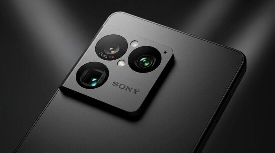 Close-up of the rear camera module on a Sony smartphone, featuring multiple lenses and ZEISS branding on a matte black surface.