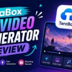 TeraBox AI Video Generator Review banner showing app features and a sample fantasy landscape video on a digital screen.