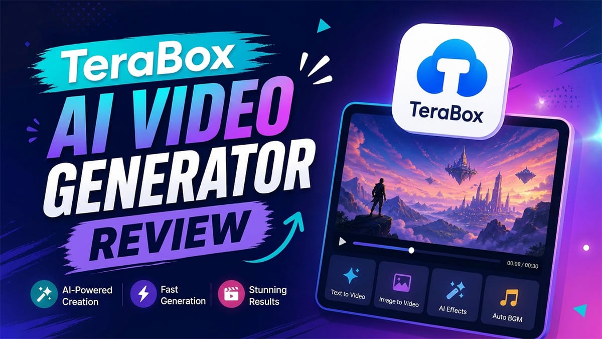 TeraBox AI Video Generator Review banner showing app features and a sample fantasy landscape video on a digital screen.