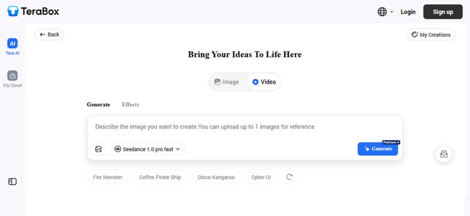 Screenshot of the TeraBox AI image generation interface with options for image or video creation and a text box for entering prompts.