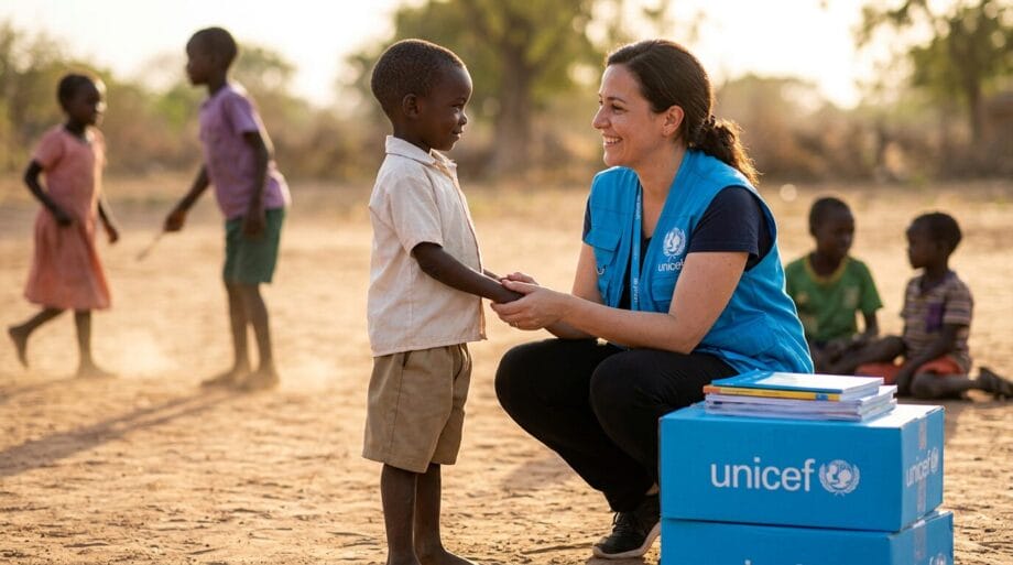 UNICEF representative interacts with a child in a rural community. Stacks of UNICEF boxes with educational supplies are nearby.