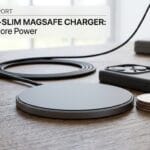 A MagSafe charger, USB-C cable, coins, and an iPhone rest on a wooden desk next to a power adapter.