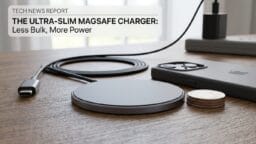 A MagSafe charger, USB-C cable, coins, and an iPhone rest on a wooden desk next to a power adapter.