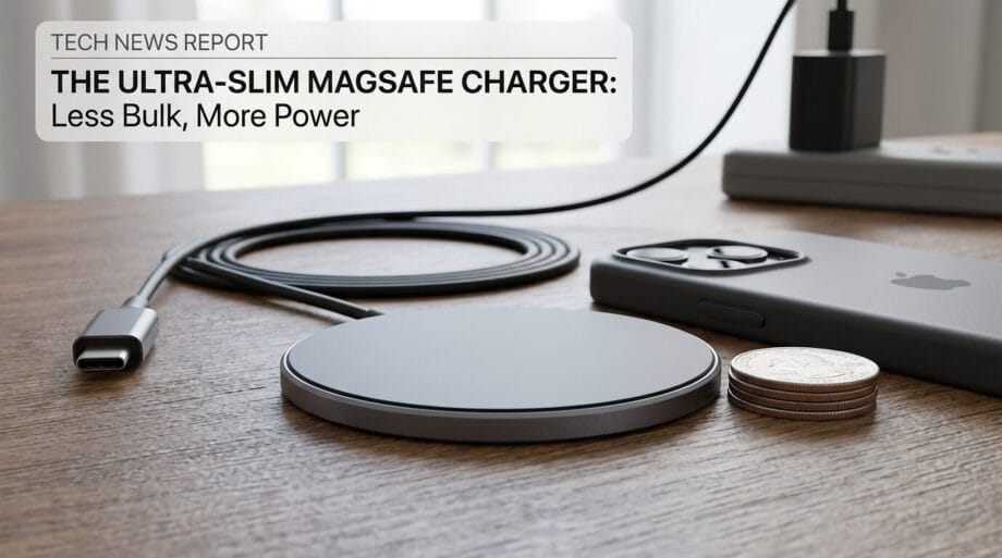 A MagSafe charger, USB-C cable, coins, and an iPhone rest on a wooden desk next to a power adapter.