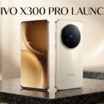 Two Vivo X300 Pro smartphones, front and back view, displayed on a marble surface with text VIVO X300 PRO LAUNCH above.