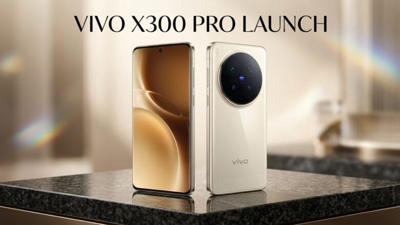 Two Vivo X300 Pro smartphones, front and back view, displayed on a marble surface with text VIVO X300 PRO LAUNCH above.