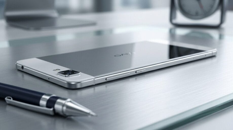 A silver smartphone lies face down on a metallic desk next to a pen and a partially visible clock in the background.