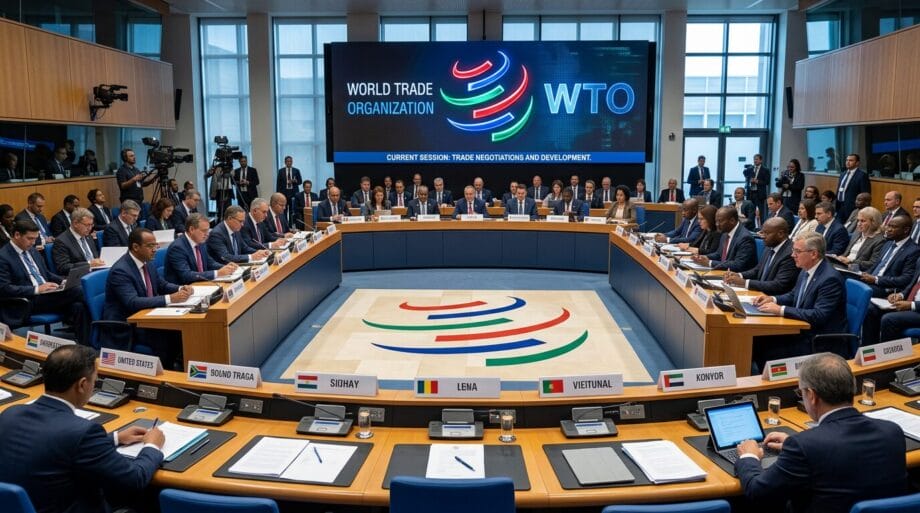 Delegates seated around a conference table at a World Trade Organization meeting, with country nameplates and a large WTO logo in view.