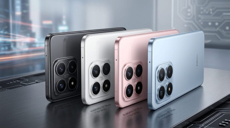 Four smartphones in black, white, pink, and blue colors are displayed upright, showing triple rear cameras on a sleek, metallic surface.