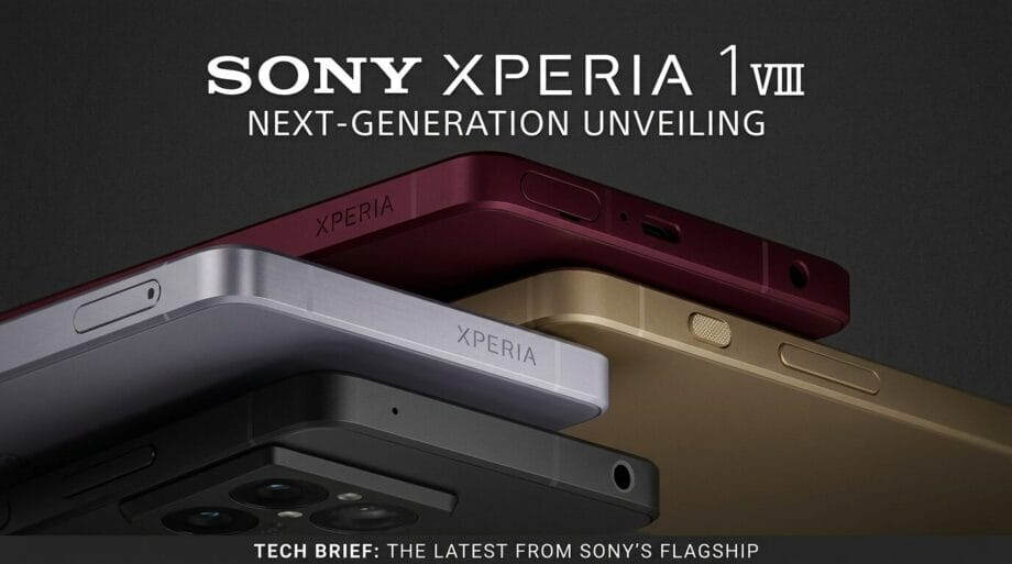 Three Sony Xperia 1 VIII smartphones in silver, burgundy, and gold are stacked, showcasing their design and camera modules.