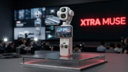 A compact handheld camera with a screen is displayed on a lit platform at an event, with XTRA MUSE in red neon in the background.