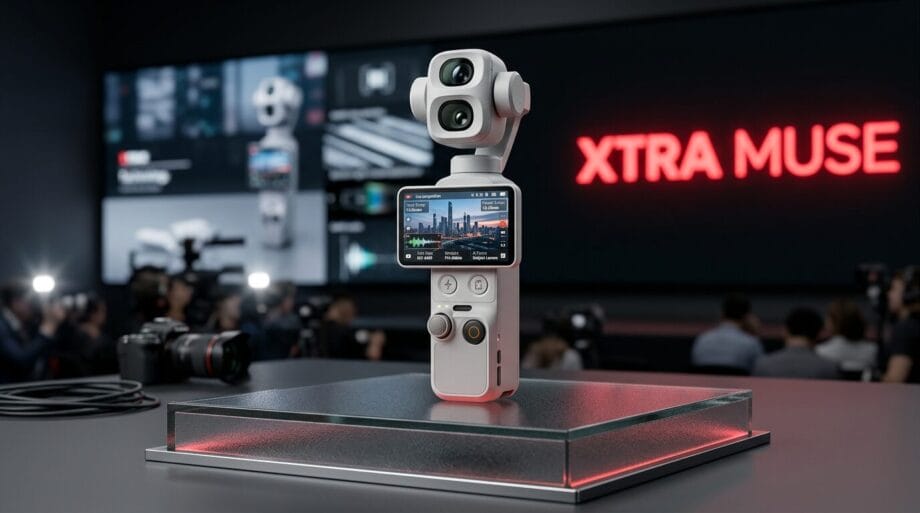 A compact handheld camera with a screen is displayed on a lit platform at an event, with XTRA MUSE in red neon in the background.