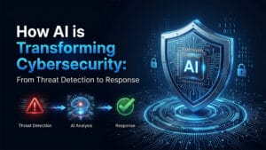 A digital illustration shows how AI is transforming cybersecurity, with icons for threat detection, AI analysis, and response.