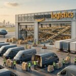 Amazon Logistics facility with loading vans, workers moving packages, and a Prime Air plane on the tarmac near a city skyline.