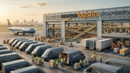 Amazon Logistics facility with loading vans, workers moving packages, and a Prime Air plane on the tarmac near a city skyline.