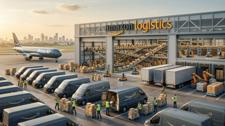 Amazon Logistics facility with loading vans, workers moving packages, and a Prime Air plane on the tarmac near a city skyline.