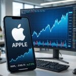 Apple stock price and logo displayed on a smartphone, with stock charts and financial data shown on monitors in a modern office setting.