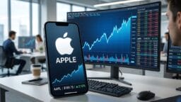 Apple stock price and logo displayed on a smartphone, with stock charts and financial data shown on monitors in a modern office setting.