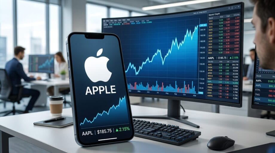 Apple stock price and logo displayed on a smartphone, with stock charts and financial data shown on monitors in a modern office setting.